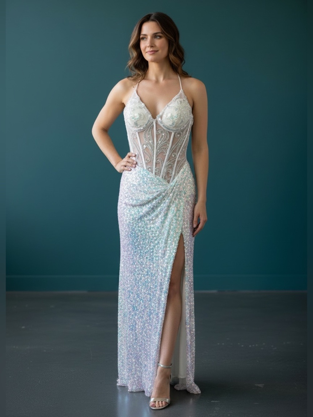 Stacees iridescent Sequin Mermaid Fairy Corset Sleeveless Thigh Slit Size 12 - Picture 7 of 15